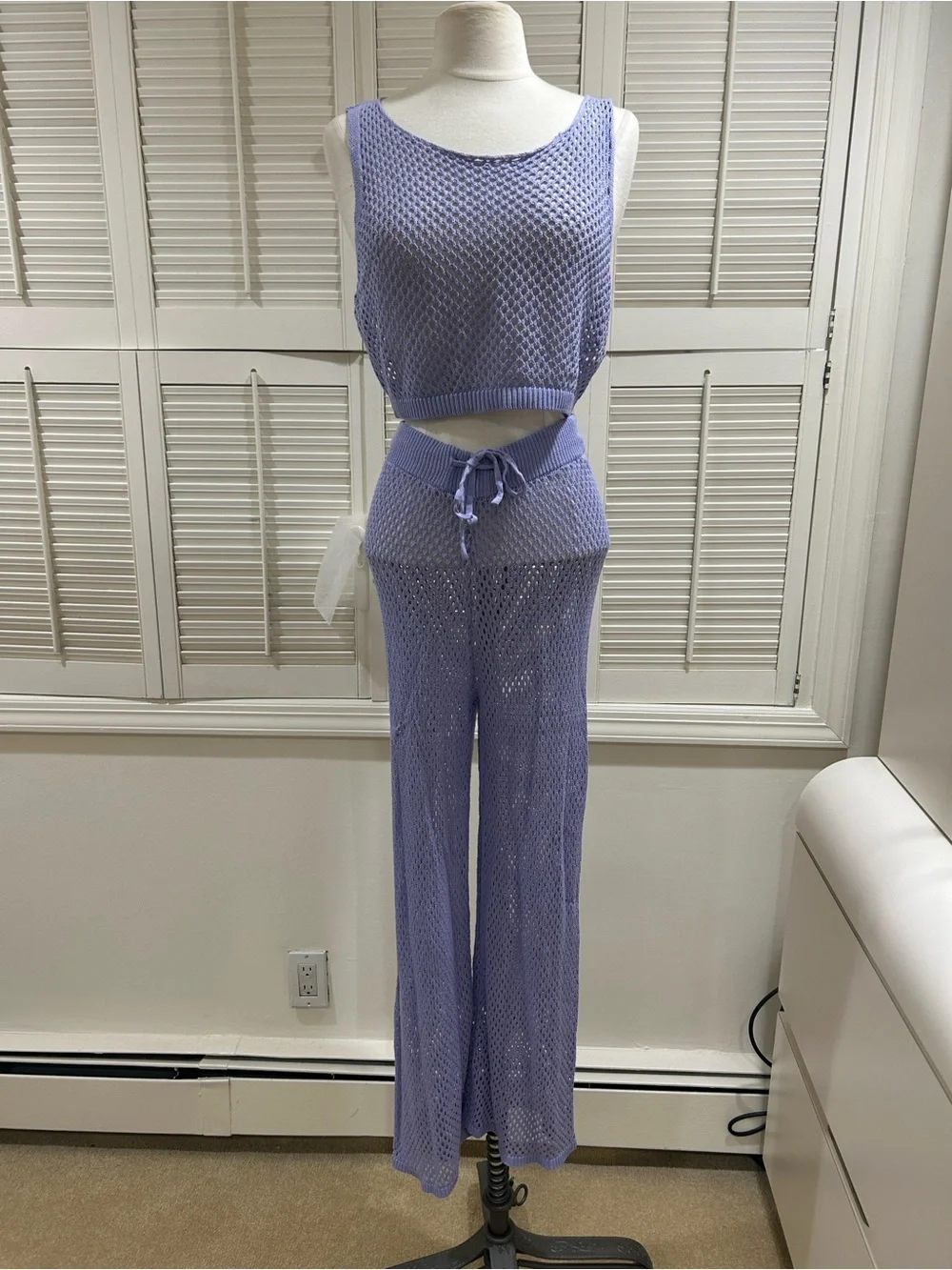 New Lavender Crochet Knit Tank & Wide-Leg Pants Set